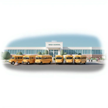 A row of bright yellow school buses is lined up in front of a modern high school building, with a clear blue sky overhead. Each bus is parked neatly, with their doors open, inviting students to board. The high school has large glass windows and a welcoming entrance, with a few trees and bushes surrounding the area. A group of students, wearing backpacks, is gathered on the sidewalk, chatting and laughing as they prepare to get on the buses. The morning sun casts soft shadows, enhancing the vibrant colors of the scene.