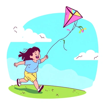 A joyful child is running across a grassy field, holding onto a colorful kite soaring high in the sky. The kite is shaped like a diamond and is brightly patterned. The child's hair is blowing in the wind, and they are wearing a light blue t-shirt and yellow shorts. In the background, fluffy white clouds dot the bright blue sky, and the sun is shining, casting a warm light over the scene.
