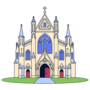 A gothic cathedral featuring a façade adorned with intricate stone carvings, showcasing detailed figures and ornate patterns. The building has tall, slender spires that reach towards the sky, each topped with a decorative finial. The cathedral's large stained glass windows are set into the stone walls, casting colorful light across the entrance. The overall structure is surrounded by a grassy area, with a cobblestone path leading up to its grand wooden doors.
