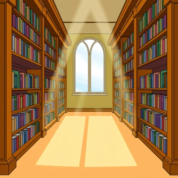 A large library filled with tall wooden shelves overflowing with books. The books appear to be floating in mid-air, some gently hovering while others are slightly tilted, as if caught in a soft breeze. The warm wooden floors reflect a soft, mysterious glow emanating from the source above. Large windows allow beams of light to filter in, illuminating the space and casting gentle shadows. The walls are adorned with intricate carvings and the ceiling features ornate details, enhancing the enchanting atmosphere.