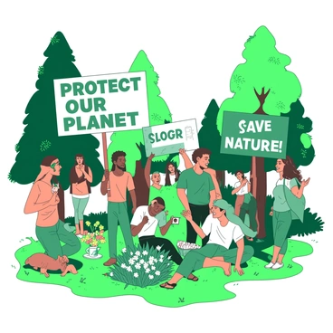 A group of environmental activists is gathered in a green park, holding vibrant banners that read "Protect Our Planet" and "Save Nature" in bold letters. The activists are of diverse backgrounds, wearing shirts with earthy tones that emphasize their cause. Surrounding them are tall trees with lush leaves, and a small gathering of colorful flowers can be seen in the grass. Some activists are engaged in animated discussions, while others are taking pictures of their event. In the background, there are a few curious onlookers watching the gathering.