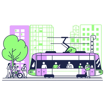 A modern tram is gliding along a busy city street, surrounded by tall buildings with glass facades reflecting sunlight. The tram has sleek lines and large windows, showcasing passengers inside. People are walking along the sidewalks, some looking at their phones while others engage in conversation. There are bicycles parked next to a tram stop, where a few passengers are waiting. A street vendor is selling snacks nearby, adding to the lively atmosphere. Trees line the street, providing small patches of shade amidst the urban setting.