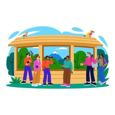 A group of tourists stands inside a wooden wildlife observatory, peering through binoculars and cameras to observe birds in their natural habitat. The observatory features large windows that provide an unobstructed view of the surrounding trees and open sky. Colorful birds can be seen perched on branches and flitting about, adding bursts of vibrant colors to the scene. The tourists are a mix of ages and backgrounds, dressed in outdoor clothing, capturing the experience. The wooden structure is adorned with natural textures, blending harmoniously with the environment around it.