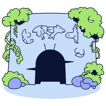 A hidden cave entrance surrounded by lush green foliage. The entrance is partially obscured by vines and rocks. Above the entrance, there are ancient symbols carved into the stone, depicting images of howling wolves and crescent moons. The symbols are intricate and date back to a forgotten era. Soft light filters through the trees, illuminating the entrance and creating an atmosphere of mystery.