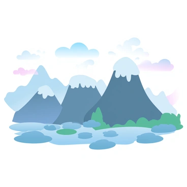 A series of towering volcanoes with rugged, steep slopes is positioned along a rugged landscape. Each volcano displays a cone shape with varying heights, some capped with snowy peaks, while others are surrounded by lush greenery. The ground is uneven with rocky terrain, and in the background, there are mountains that rise dramatically into the sky. The sky features a gradient of pastel colors, transitioning smoothly from soft blues to warm pinks, creating a serene atmosphere. A few wisps of clouds drift across the horizon, adding depth to the scene.