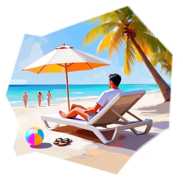 A man with short hair and a light complexion is sitting comfortably on a sun lounger at a tropical beach in the Philippines. He is wearing casual beach attire, including a short-sleeved shirt and shorts, while enjoying the warm sun. Surrounding him are palm trees swaying gently in the breeze and the crystal-clear turquoise waters of the ocean in the background. A beach umbrella is nearby, providing some shade. In the foreground, there is a colorful beach ball and a pair of sandals resting in the soft, white sand. The atmosphere is lively with a few people walking along the shoreline in the distance.