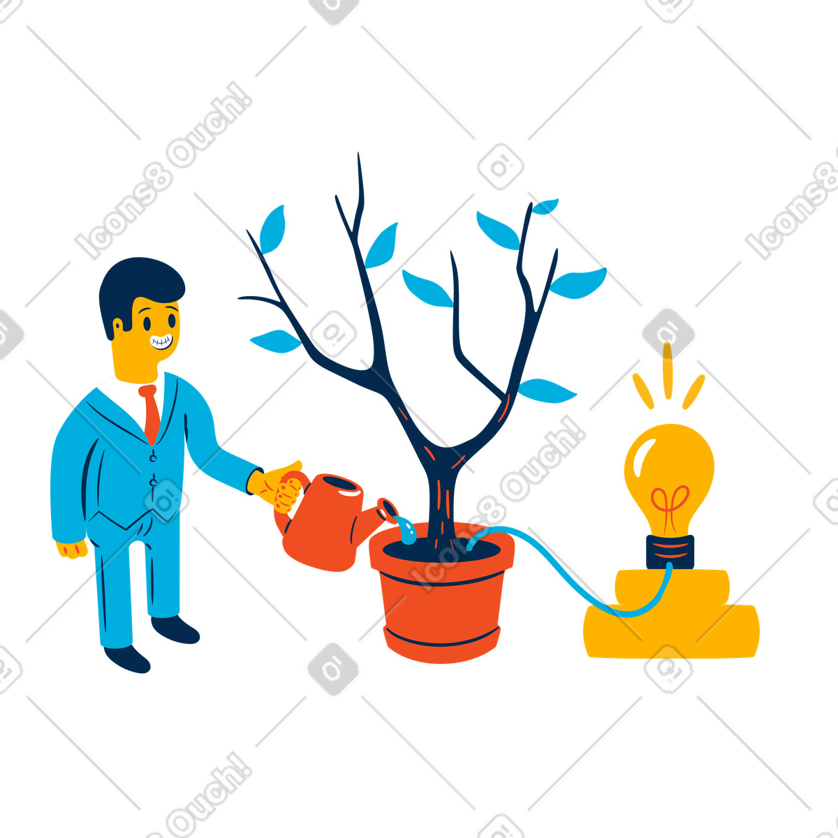 Uomo che annaffia un albero per produrre energia verde illustrazione in stile Flame scarica in PNG, SVG