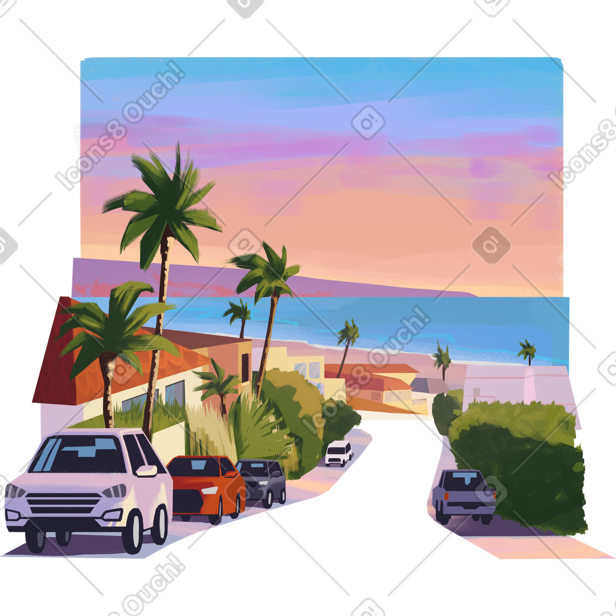 PNG, SVG 형식의 Tropical street with palm trees near sea coast 일러스트레이션