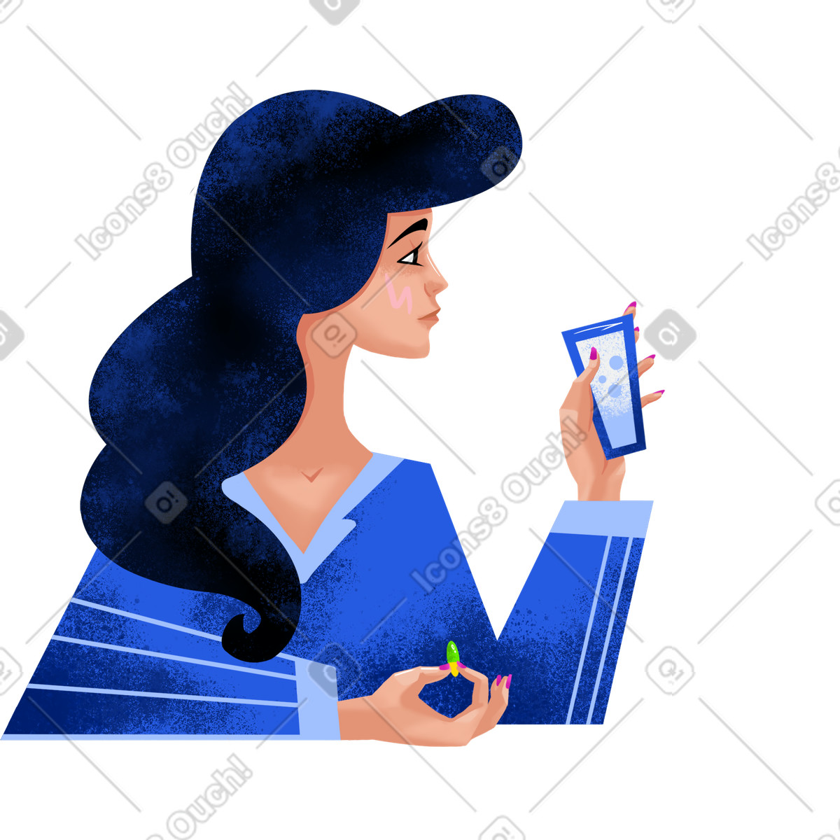 Ilustração de Woman in a blue shirt with glass of water and pill em no estilo Flare para baixar em PNG, SVG