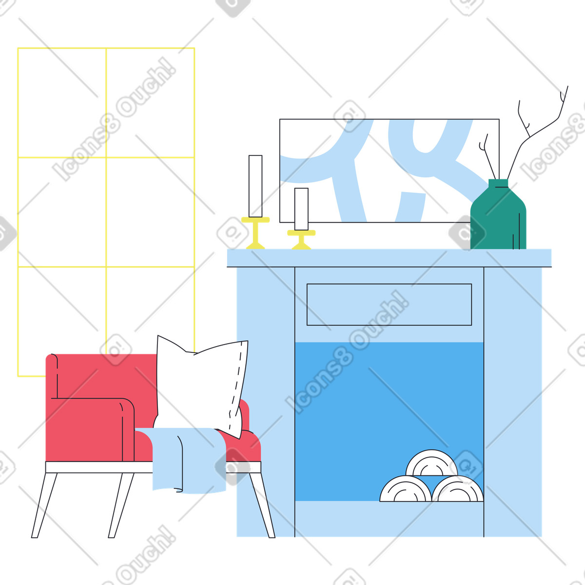 Zimmer mit kamin-Illustration im Boba-Stil als Download in PNG, SVG