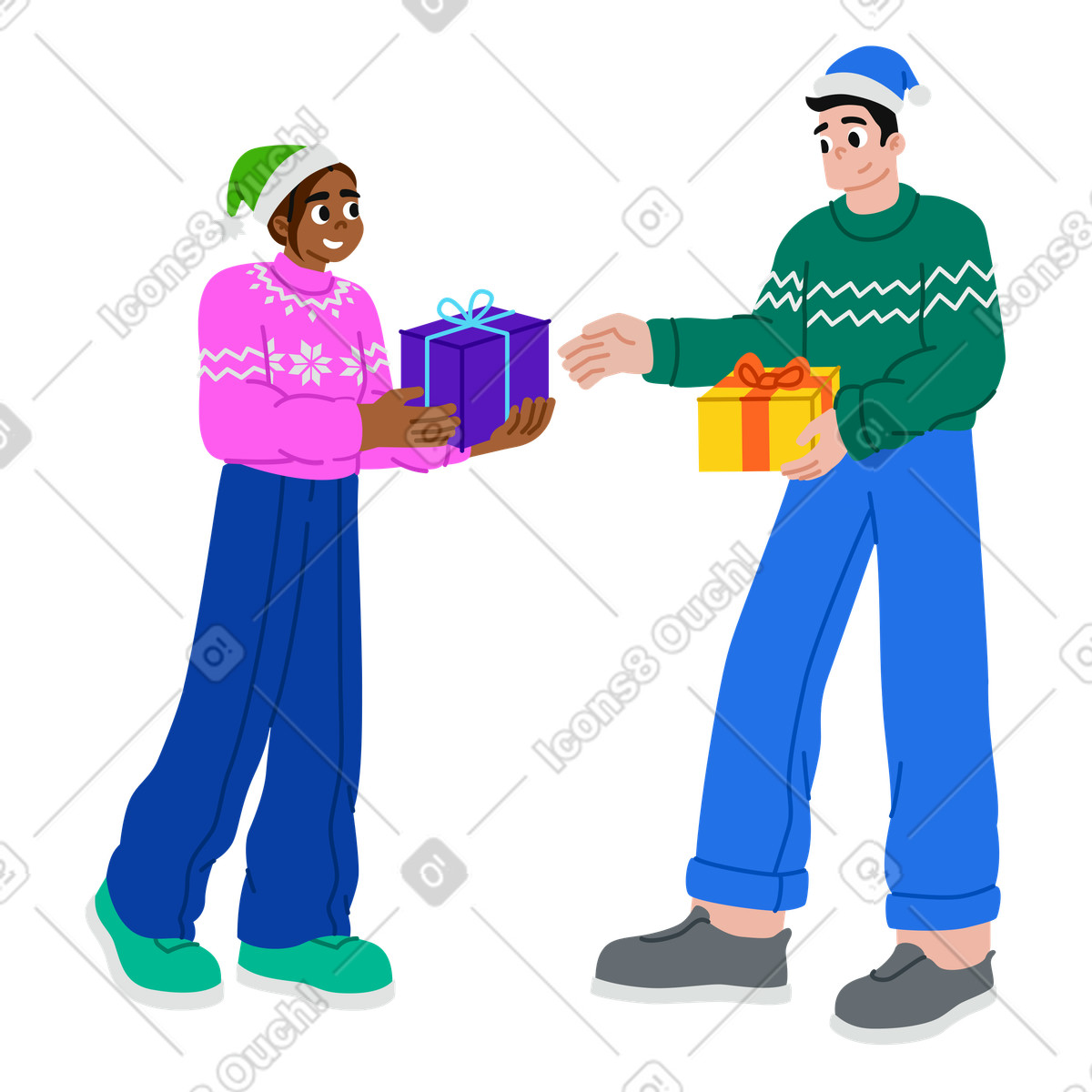 Active スタイルの 友達がお互いにクリスマスプレゼントを贈り合う のイラストをPNG、SVG形式でダウンロード