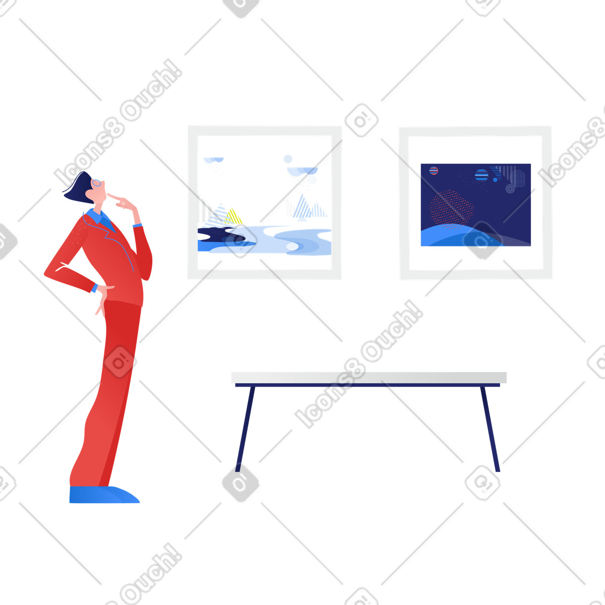 Ilustración Hombre mirando pinturas en la galería de arte estilo Clip a descargar PNG y SVG
