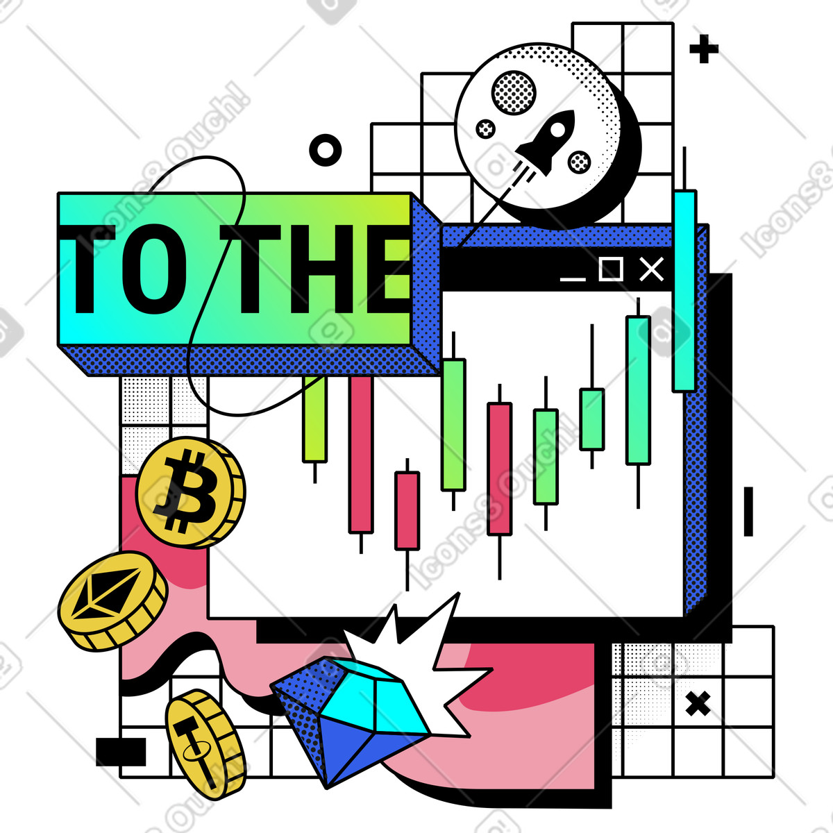 Ilustración Estadísticas de criptomonedas y mercado valores en estilo Memphis a descargar en PNG SVG