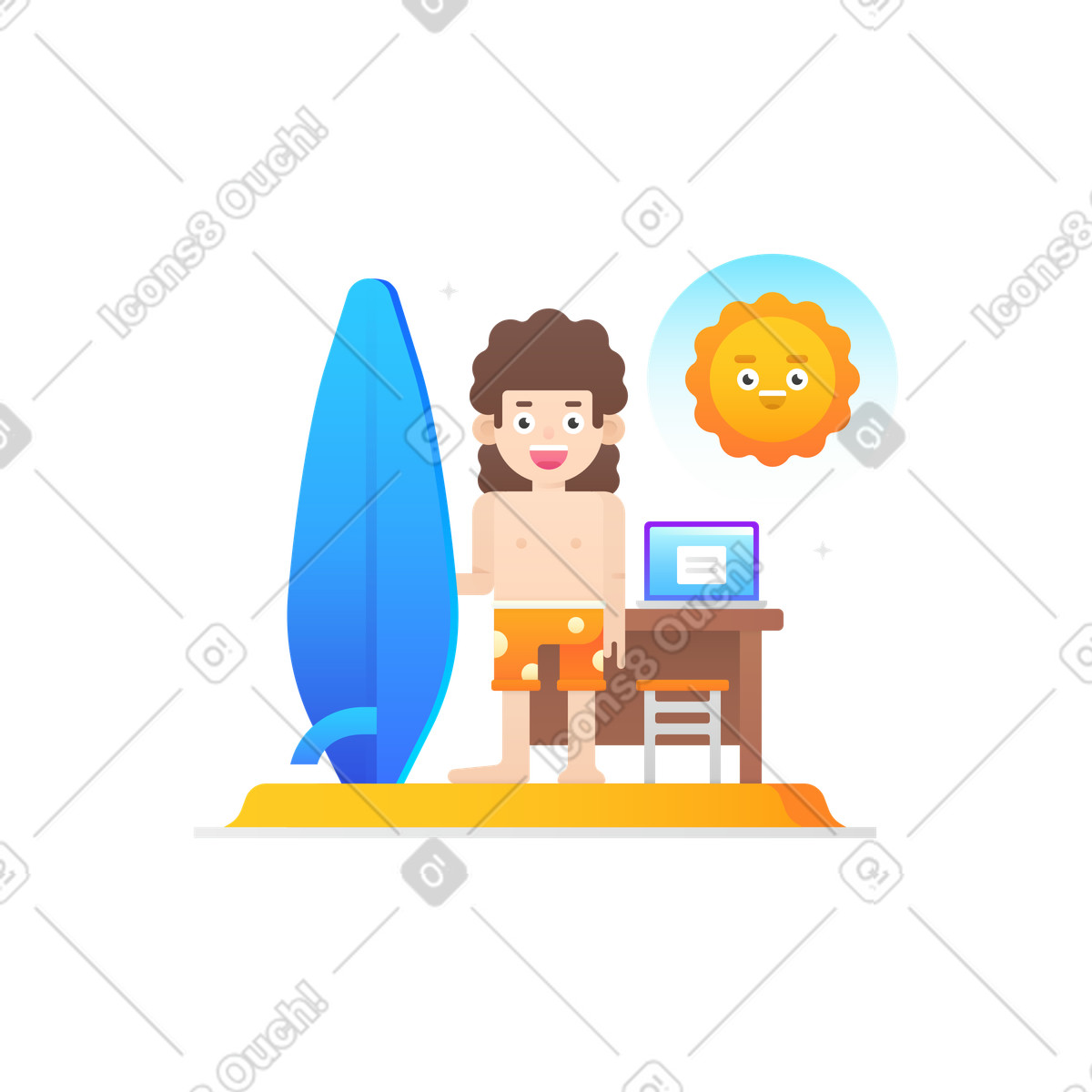 Man with surfboard near writing desk and laptop, happy sun illustration in Hugo style download in PNG, SVG