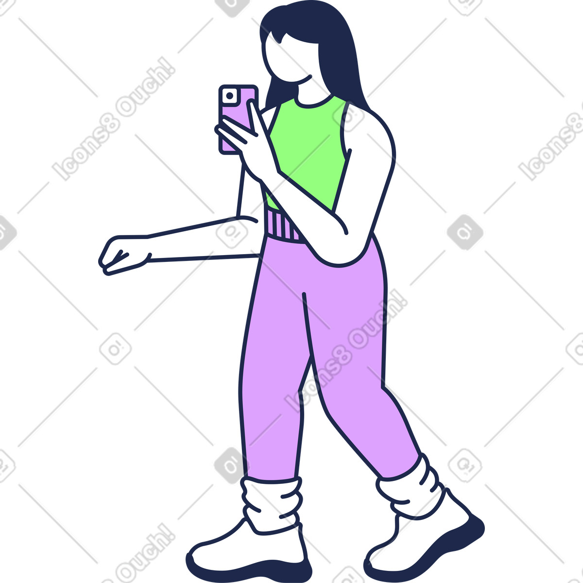 Ilustração de Senhora com um celular na mão em no estilo Outline para baixar em PNG, SVG