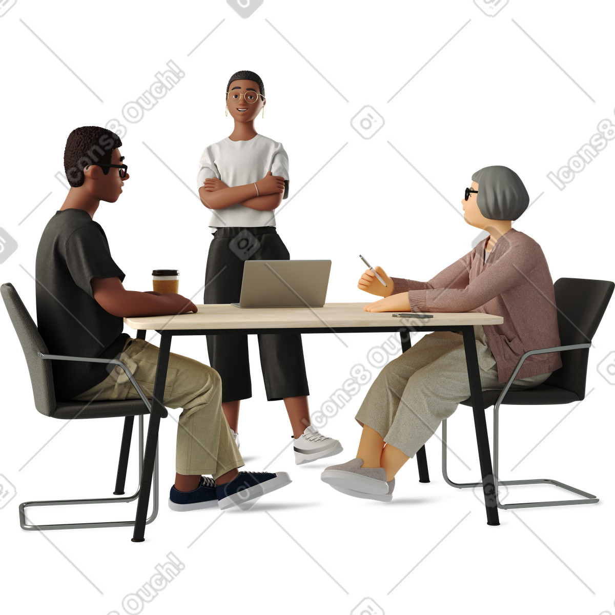 Three people discussing a work project illustration clipart graphics vector