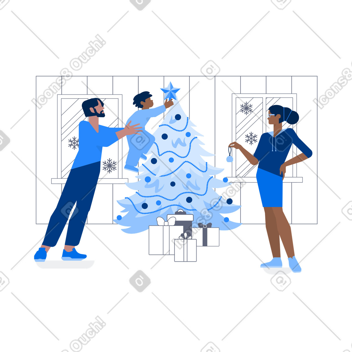 Ilustración Family placing star on Christmas tree, Festive traditions and holiday preparation en estilo Urban a descargar en PNG y SVG