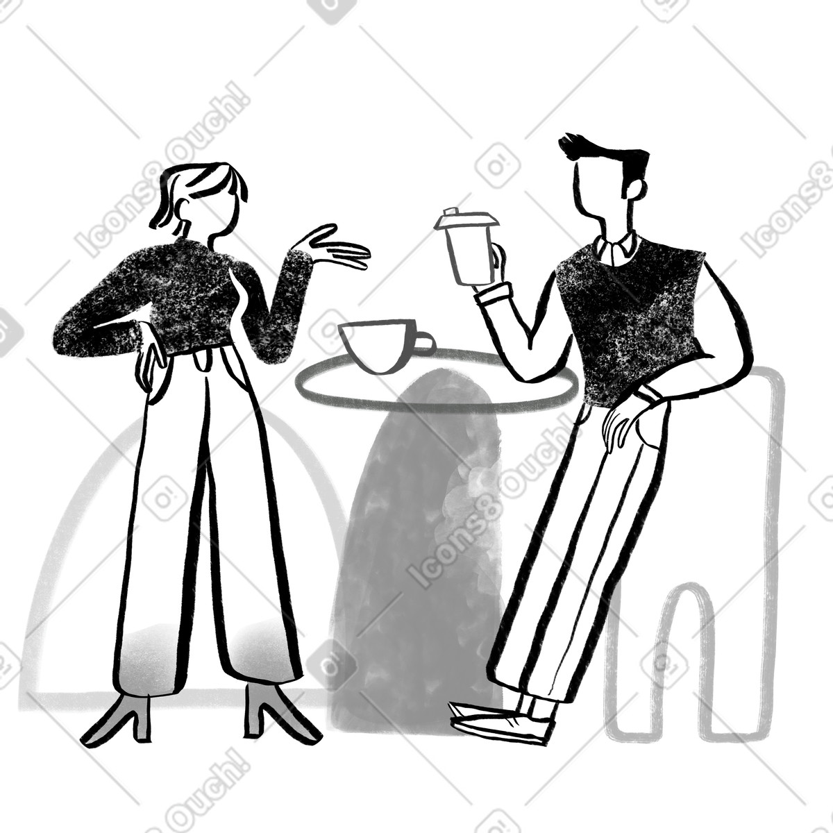Black and white colleagues drinking coffee chatting illustration in Company style download in PNG, SVG