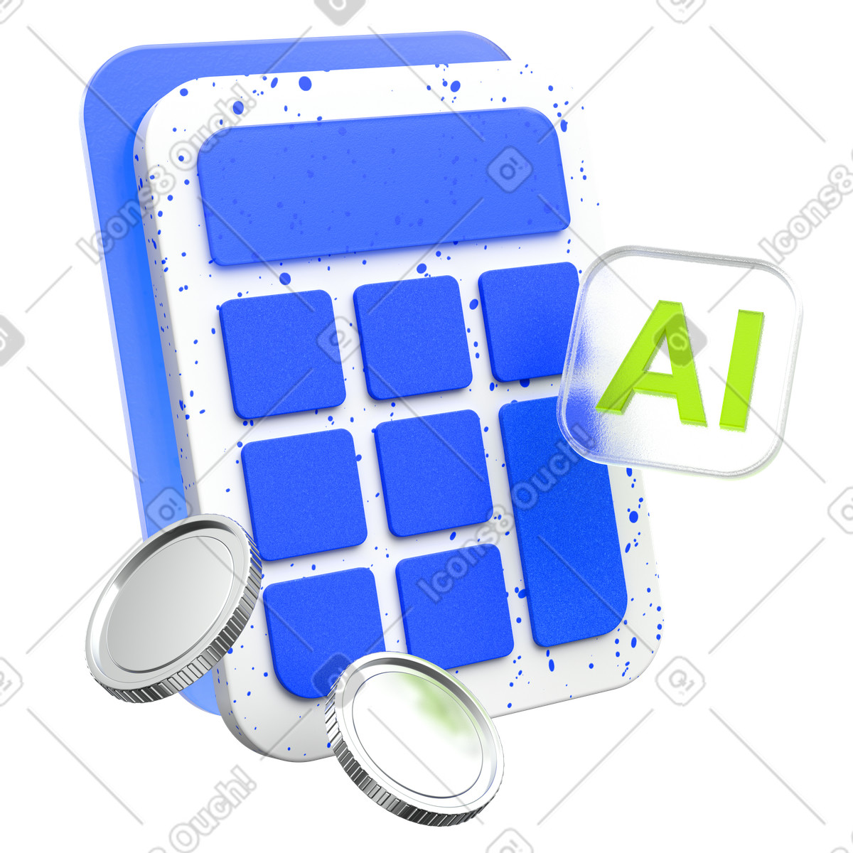 Ilustración Icono de ia con calculadora, teclado financiero azul monedas, cálculo crédito digital en estilo 3D Enterprise a descargar en PNG y SVG
