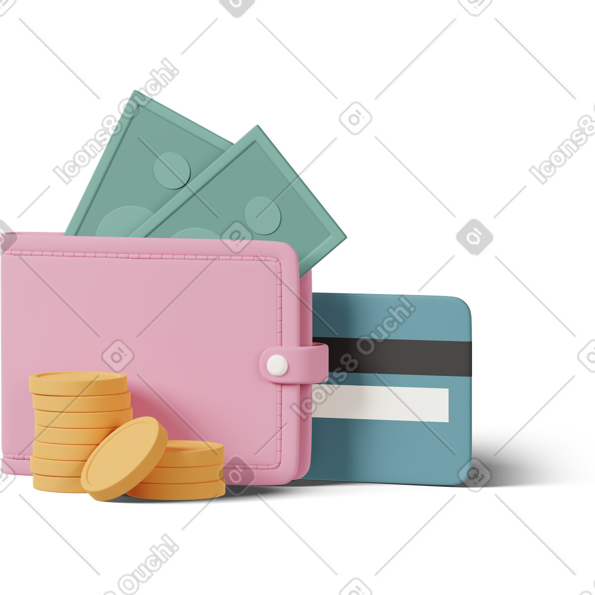 Ilustração de Wallet with banknots credit card and coins em no estilo 3D Casual life para baixar em PNG, SVG