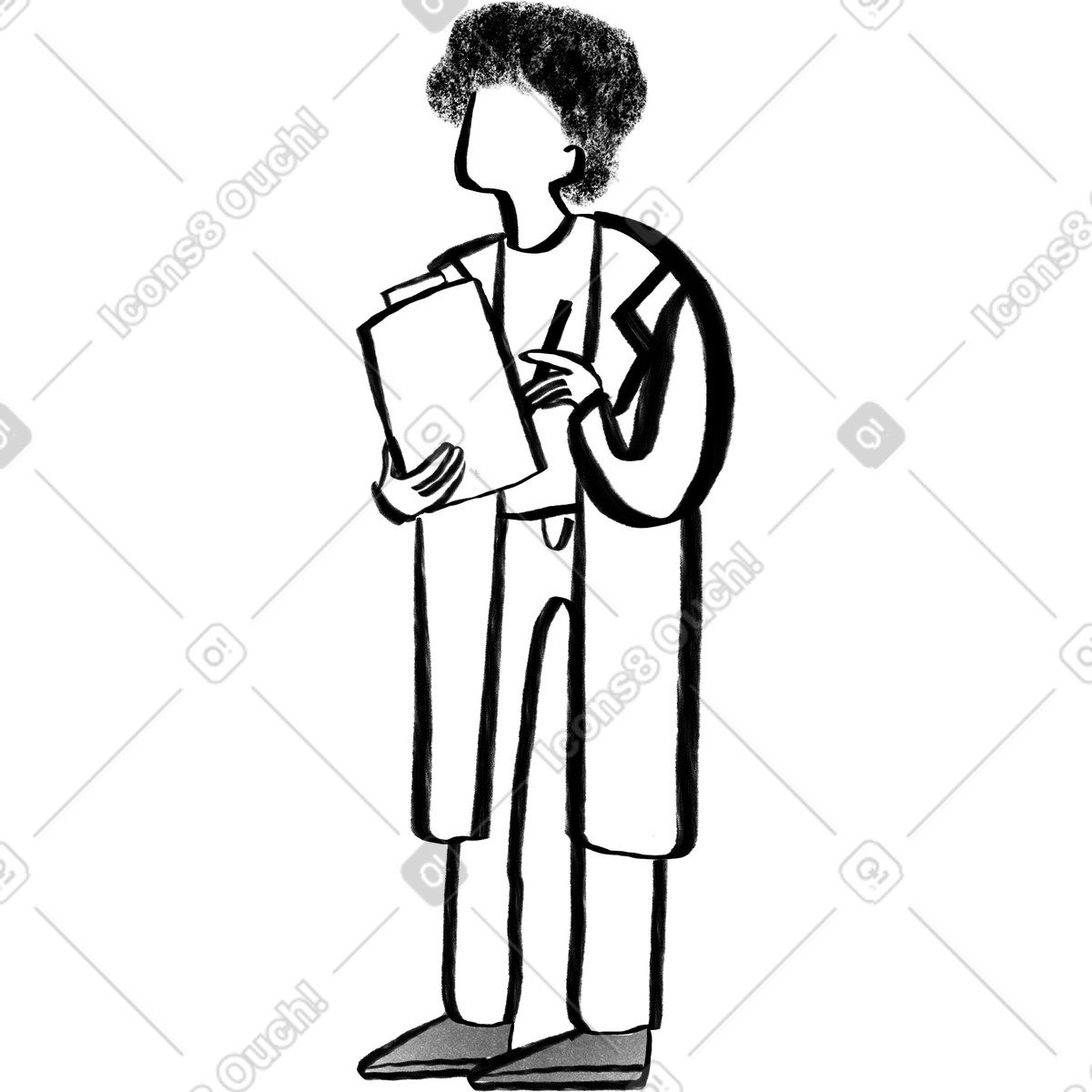 Black and white person with curly hair in a lab coat writing notepad illustration Company style download PNG, SVG