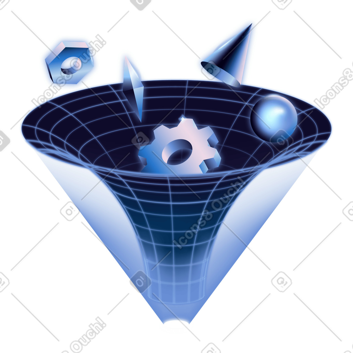 Funnel with abstract objects, Sales pipeline, Conversion process illustration in Dimension style download in PNG, SVG