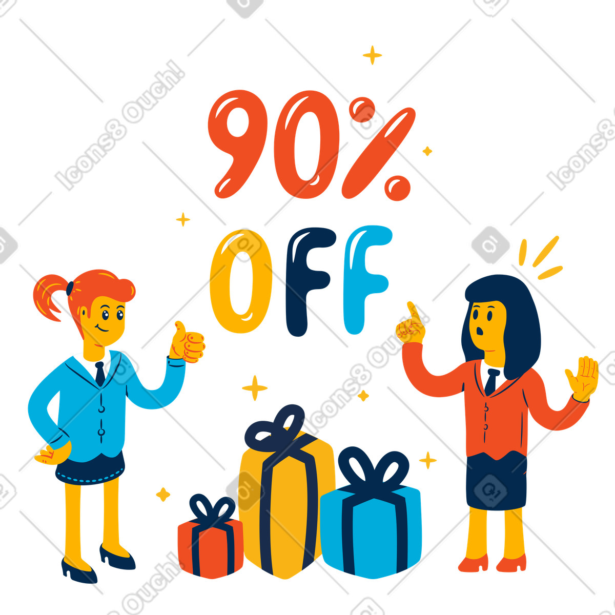 Illustration 90 % de réduction sur le lettrage et les femmes avec des cadeaux dans style Flame à télécharger aux formats PNG, SVG