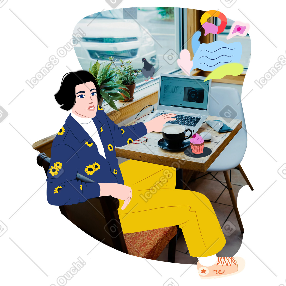 Young man working from a cafe illustration in Everyday style download in PNG, SVG