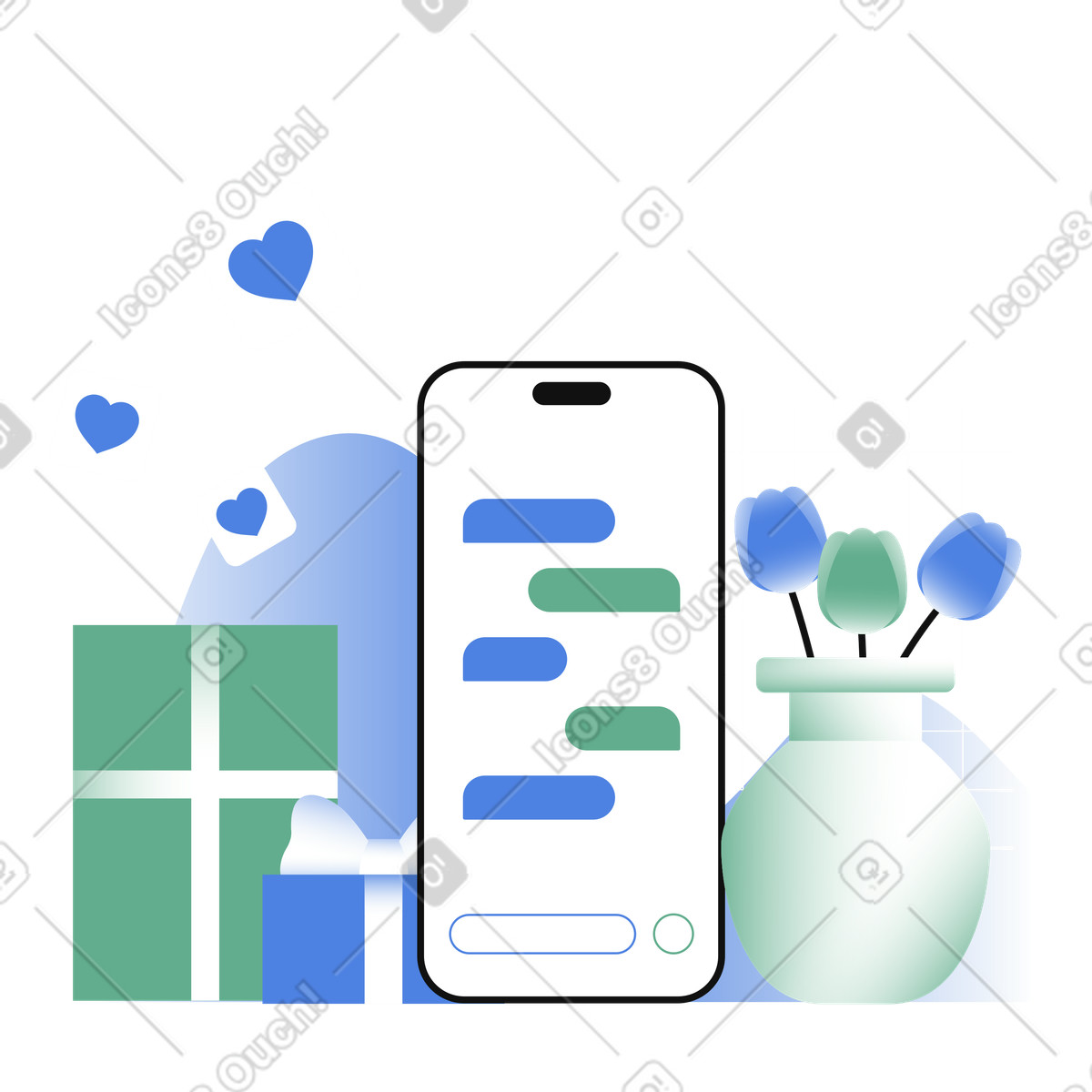 Sending romantic texts on smartphone illustration in PNG, SVG