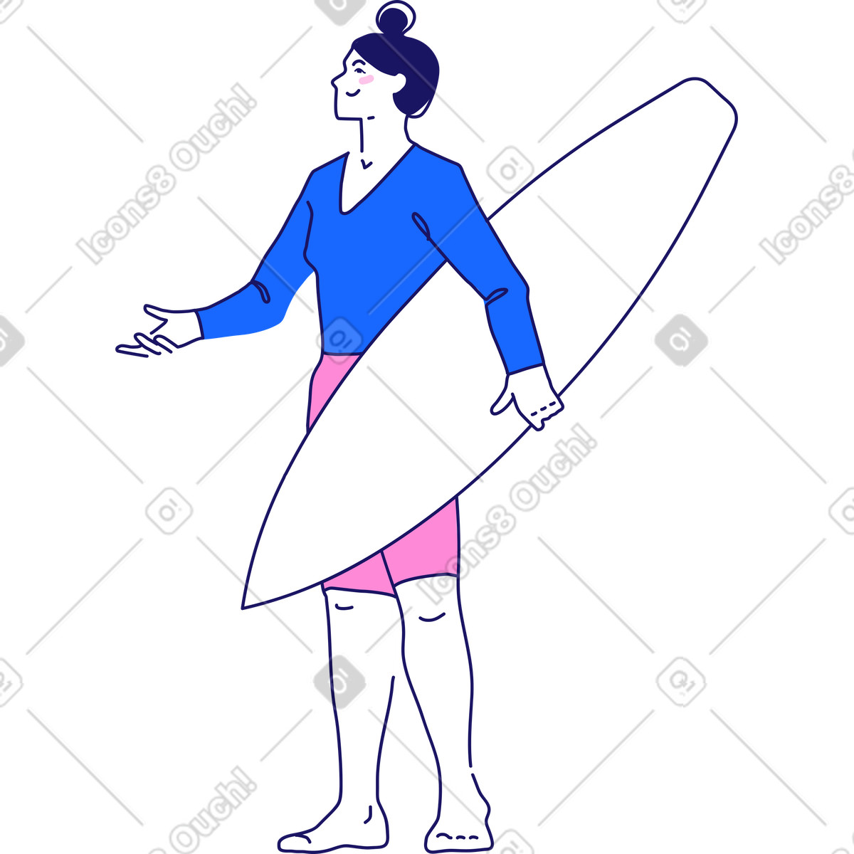 Donna con la tavola da surf illustrazione in stile Matey scarica in PNG, SVG