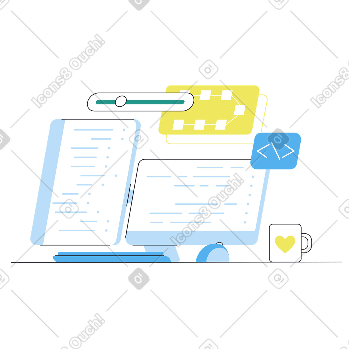 Dual monitors with code and coffee mug, Modern software development workspace illustration in PNG, SVG