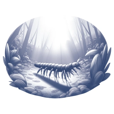 A centipede crawling slowly across a lush, green forest floor covered with leaves