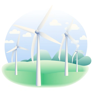A vast field of tall wind turbines with white blades is spread across the landscape, each spinning steadily. The turbines are positioned on green grass, which gently sways in the breeze. In the background, there are distant rolling hills under a clear blue sky. Fluffy white clouds drift above, casting soft shadows on the ground below. The scene conveys a sense of motion and energy, with the turbines harnessing the power of the wind that flows consistently across the field.