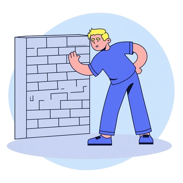 A person wearing a blue shirt and jeans is standing in front of a gray brick wall. The person has a focused expression, straining as they lean forward to push against the wall. Their hands are pressed against the rough surface of the bricks, and their muscles are tense, clearly demonstrating effort. The ground is a simple concrete surface, and the setting is minimal with a clear blue sky in the background, emphasizing the static nature of the scene.