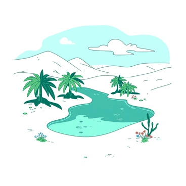 A teal oasis is visible in the center of a vast expanse of white sand dunes. The oasis features lush, vibrant green palm trees surrounding a calm, reflective pool of water. The sand dunes are gently undulating, with soft shadows creating a wave-like pattern across their surface. The sky above is clear with a few wispy clouds, casting delicate reflections on the water in the oasis. Small patches of colorful desert flowers are scattered among the dunes, adding subtle splashes of color to the scene.