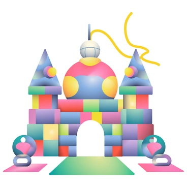A whimsical castle is constructed entirely from kettlebells and various pieces of gym equipment. The castle's walls are formed by stacked kettlebells of different weights and colors, creating a vibrant mosaic effect. The towers are tall barbells, with plates of various sizes serving as crenellations. A large medicine ball serves as the central dome, topped with a bright yellow jump rope that unfurls like a flag in the wind. Surrounding the castle are colorful yoga mats laid out like a pathway leading to the grand entrance, which is framed by two upright dumbbells. The entire scene is lively and playful, invoking a sense of fun and creativity.