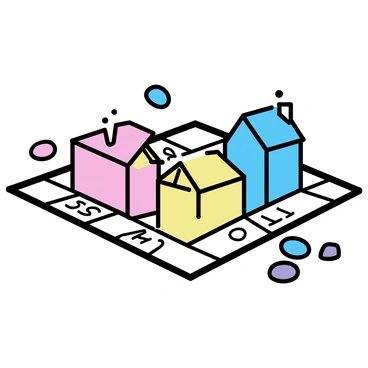 A corner of a Monopoly board featuring a full color set of properties. There are three houses painted in vibrant colors, each one stacked neatly on a property space. The property spaces are labeled with their respective names in bold, clear lettering. The iconic Monopoly money and game pieces are scattered nearby. The board itself has distinct grid lines and is surrounded by various game elements, creating a lively and engaging scene.