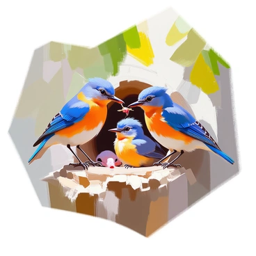 A family of eastern bluebirds with chicks in a tree hollow, parents bringing food
