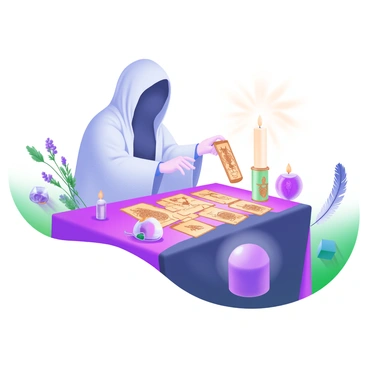 A fortune teller wearing a flowing robe is laying out tarot cards on a table illuminated by the warm glow of candles. The table is covered with a rich, dark cloth, and the tarot cards display intricate designs. Surrounding the table are various mystical elements, including an ornate crystal ball, dried herbs in small jars, and a feather. A faint shimmer in the air adds a sense of mystery to the scene, while soft shadows dance around the candlelight.