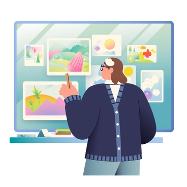 An illustration professor with light brown hair and glasses is standing in front of a chalkboard. The chalkboard is filled with a variety of colorful art sketches, including a vibrant landscape, a whimsical character, and abstract shapes. The professor is wearing a black cardigan over a white shirt and is pointing at one of the sketches with a wooden pointer. There are art supplies, like colored pencils and sketch pads, on the desk beside the chalkboard. The room is well-lit, emphasizing the creativity and energy of the scene.