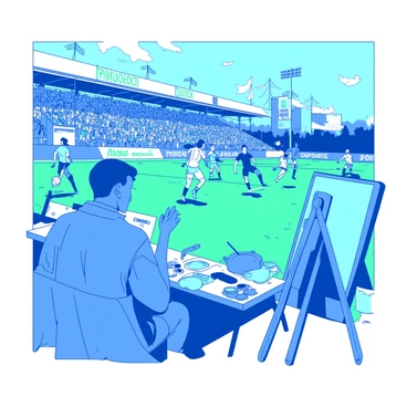 A blue live illustrator is depicted with a focused expression, sitting at a portable easel outdoors. The illustrator is surrounded by various art supplies, including brushes and a palette. In the background, a vibrant soccer match is taking place, with players in motion, showcasing their dynamic movements. Some players are in a striking pose while others are sprinting or defending. The crowd around the field is lively, with colorful banners and flags waving. The sky is clear, enhancing the overall atmosphere of the energetic scene.