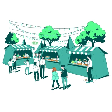 A white town square is bustling with activity during a lively festival. Colorful food stalls painted in teal are set up around the square, each showcasing traditional Swedish dishes such as cinnamon buns, pickled herring, and meatballs. People of various ages are mingling and enjoying the festive atmosphere, some laughing and talking while others savor the food. In the background, several trees with green leaves provide shade, and strings of lights crisscross above the stalls, adding to the vibrant ambiance.