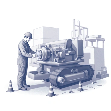 An engineer is inspecting a large piece of machinery at a construction site. The engineer is wearing a rugged jumpsuit, which is equipped with various pockets and tools. The machinery has various moving parts, with exposed gears and levers that are visible. Surrounding the machinery are safety cones and tools scattered on the ground. In the background, there are wooden scaffolding and stacks of materials, indicating ongoing construction efforts. The overall scene demonstrates a busy and industrious work environment.