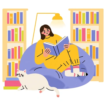 A cute girl with long brown hair is curled up on a soft, oversized bean bag in a cozy library corner. She is wearing a bright yellow sweater and comfy socks. Next to her, there is a stack of colorful books. The girl is holding an open book in her lap, with a content smile on her face as she reads. The library is filled with tall wooden bookshelves lined with books of various sizes. A warm, soft light is coming from a nearby lamp, casting a gentle glow over the scene. A fluffy white cat is lounging on the floor nearby, adding to the cozy atmosphere.