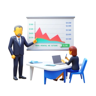 A financial broker standing beside a presentation board. The broker is a middle-aged man wearing a suit and tie. He is pointing at a colorful graph that illustrates margin buying concepts. The board has labeled axes, showing price and volume, with clear figures displayed next to the graph. The client, a young woman sitting in front of the board, appears engaged and is taking notes. The setting is a modern office with a sleek design, featuring a desk, a laptop, and financial documents scattered around.