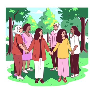 A group of diverse women of varying ages and backgrounds is standing in a circle, holding hands together in a park. Each woman has distinct features and attire that reflect her cultural heritage, showcasing a rich tapestry of colors through their clothing. The park is filled with green grass and tall trees, providing a natural backdrop. Sunlight filters through the leaves, creating dappled patterns on the ground. The expressions on the women's faces convey unity and joy, as they smile at one another, fostering a sense of community and togetherness.