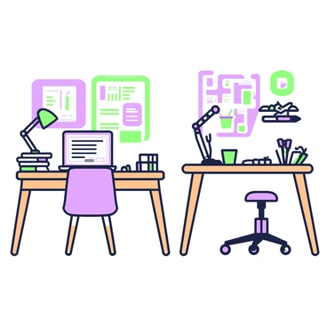 A shared study space features two desks positioned side by side. On the left, a wooden student desk is equipped with stacked notebooks, a green lamp, and a laptop open to a school assignment. A chair is tucked neatly under the desk. On the right, a hobbyist's desk displays a model-building project, with tools and scattered materials like small plastic parts and blueprints. A cup filled with green markers sits on this desk. The walls are adorned with posters and a bulletin board showing various notes and reminders related to both study and hobbies.