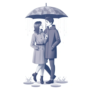A couple standing close together under an umbrella. The umbrella is large and features a pattern of bold geometric shapes. Raindrops are visible falling from the sky, creating ripples in several puddles on the ground. The couple is dressed in rain jackets, with the woman wearing a raincoat that has a belted waist and the man in a slightly longer rain jacket. They are looking at each other with smiles, clearly enjoying the moment despite the rain. The surrounding environment includes splashes of water as they shift their weight in the puddles.