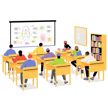 A classroom filled with wooden desks arranged in neat rows. In the front of the room, a large smart board displays colorful diagrams illustrating PMAT technology. The diagrams include labeled components and arrows showing processes. Students of diverse backgrounds sit attentively at their desks, some taking notes while others are engaged in discussion. Bright overhead lights illuminate the room, creating a lively educational atmosphere. A bookshelf filled with science textbooks and resources stands against one wall.