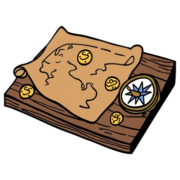 An ancient treasure map spread out on a wooden table, with gold coins and a compass beside it.